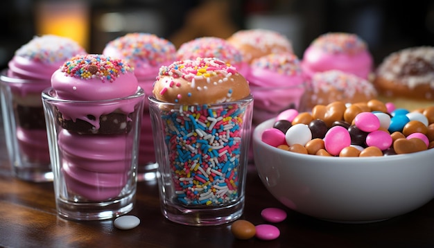 Zdjęcie kolekcja pysznych deserów, kolorowe pączki, cukierki i czekolada generowane przez sztuczną inteligencję