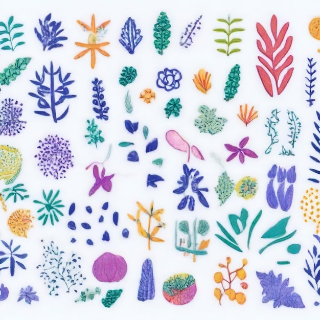 Kolekcja ręcznie narysowanych bezszwowych wzorów kolorowych abstrakcyjnych roślin i kwiatów
