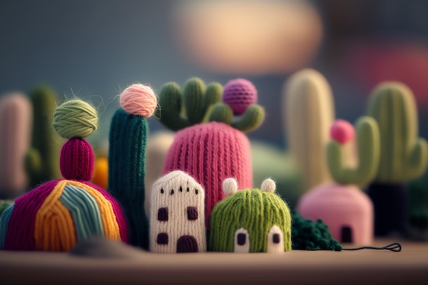 Zdjęcie kolekcja ręcznie robionych zabawek z kaktusem i domkiem na szczycie.
