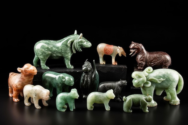 Kolekcja różnych chińskich jadeitowych zwierząt stworzonych za pomocą generatywnej ai