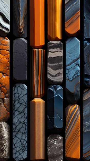 Kolekcja różnych kolorowych kamieni, w tym jeden wykonany z kamienia