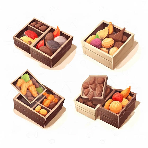 Kolekcja różnych rodzajów czekoladek znajduje się w drewnianym pudełku.