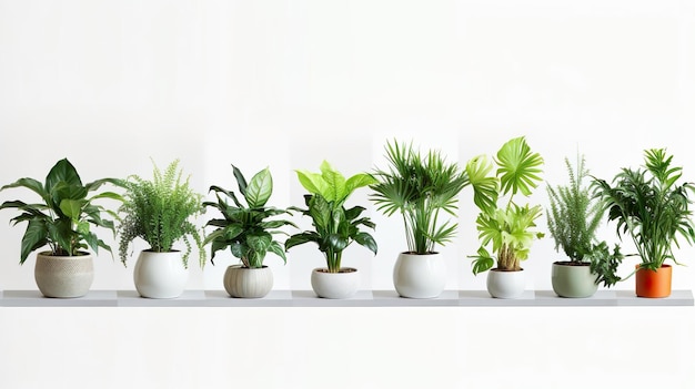 Kolekcja różnych roślin doniczkowych prezentowanych w ceramice