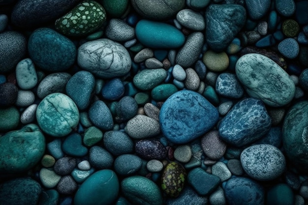 Kolekcja skał z niebieskimi i zielonymi kamieniami na dnie.
