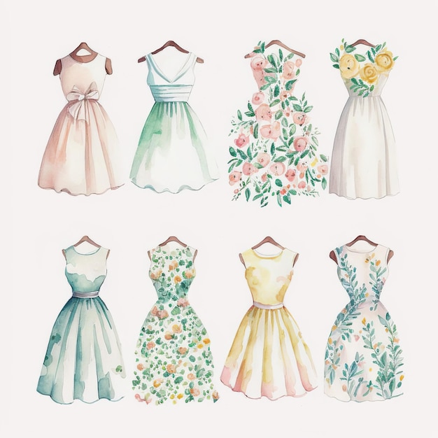 Kolekcja ślicznych delikatnych akwarelowych sundresses Każda sukienka to inny typ Generative AI