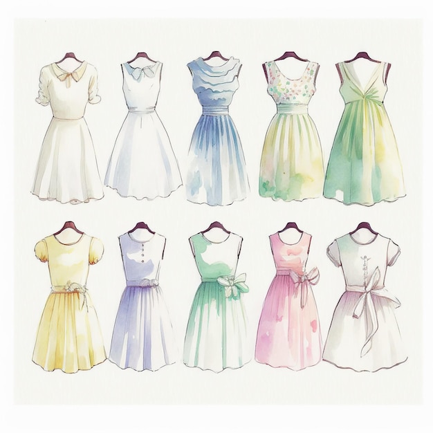Kolekcja ślicznych delikatnych akwarelowych sundresses Każda sukienka to inny typ Generative AI
