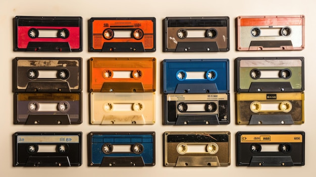 Kolekcja starych kaset audio izolowanych na białym tle koncepcja muzyki i technologii vintage