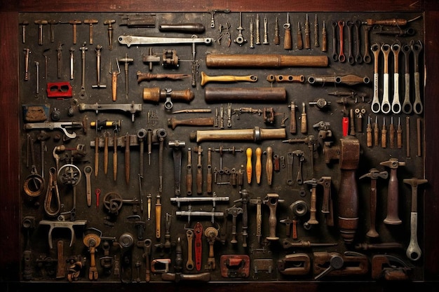 Kolekcja starych narzędzi, w tym jedno wykonane przez firmę.