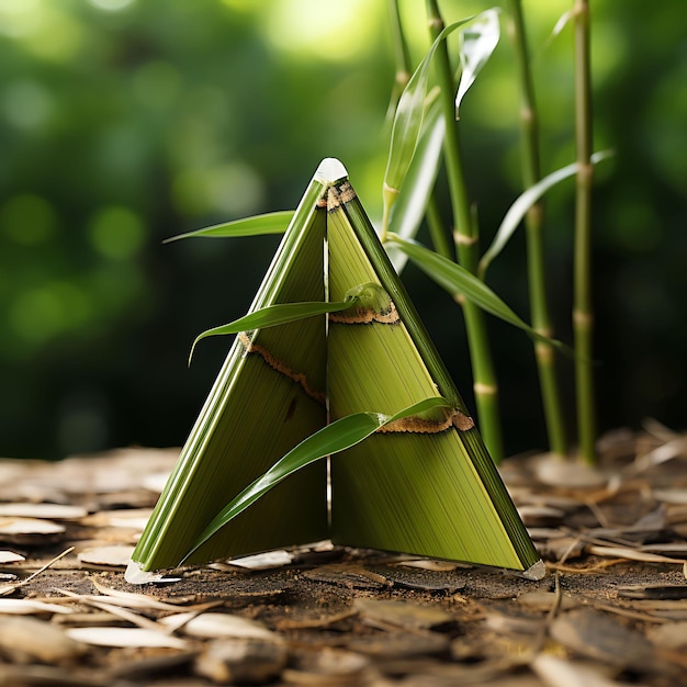 Zdjęcie kolekcja trójkątnych kart bambusowych przywiązanych do gałęzi bambusa z zieloną, starą, naturalną etykietą