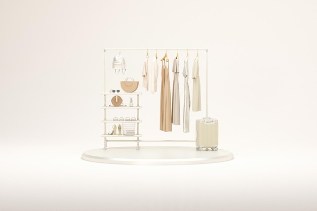 Kolekcja ubrań wiszących na stojaku w beżowo-białym tle renderowania 3d