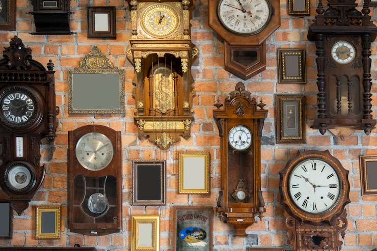 Zdjęcie kolekcja vintage zegar i ramki na zdjęcia wiszące na ścianie z cegły