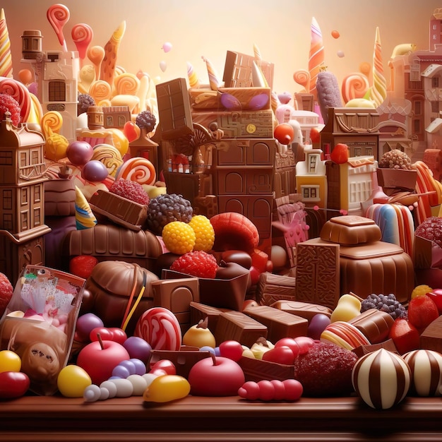 Kolekcja zabawek, w tym pudełko cukierków, cukierków i pudełka czekolady.