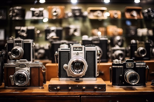 Kolekcja zabytkowych aparatów fotograficznych na wystawie w sklepie