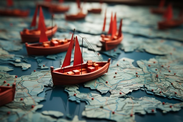 Kolektywna podróż Czerwona łódź przewodnicząca prowadzi papierowe łodzie na mapie, ilustrując sukces pracy zespołowej