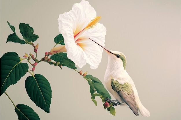 Koliber albinos i biały kwiat hibiskusa stworzony przy użyciu technologii generatywnej sztucznej inteligencji