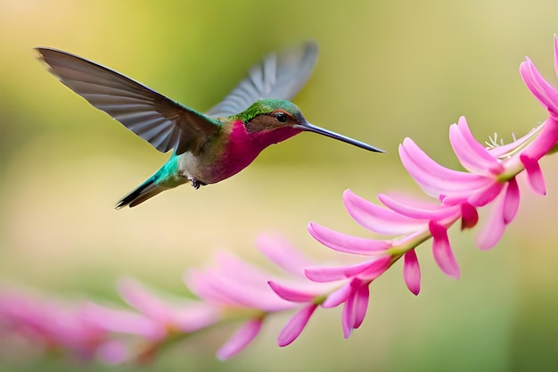 Koliber leci w pobliżu kwiatu.