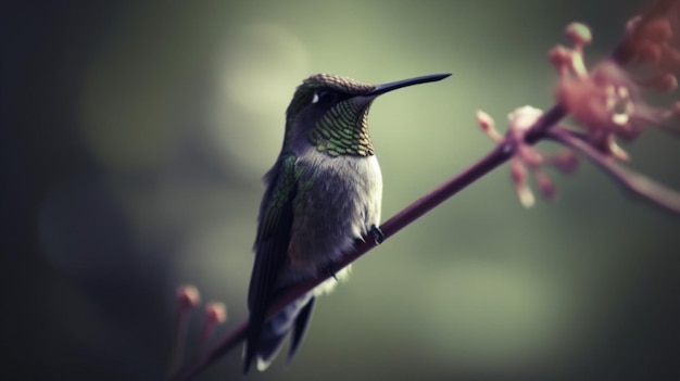 Koliber siedzi na gałęzi z zielonym tłem.