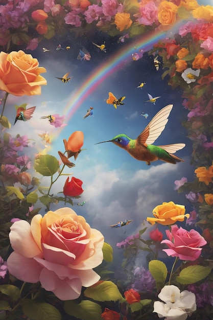 Koliber w jaskrawo kolorowym ogrodzie kwiatowym na niebie widać tęczę