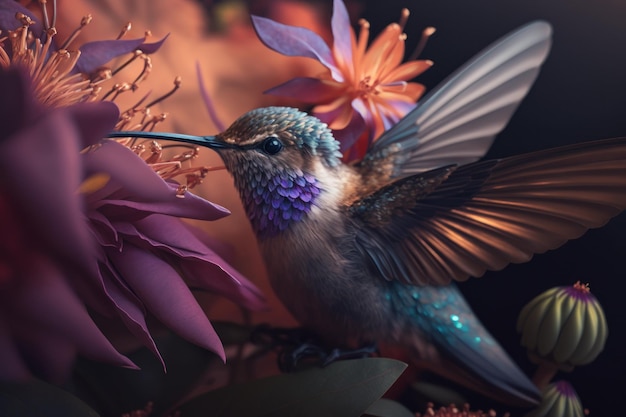 Koliber w locie w zbliżeniu na tle tropikalnego kolorowego lasu i roślin pijących nektar kwiatowy Generative AI