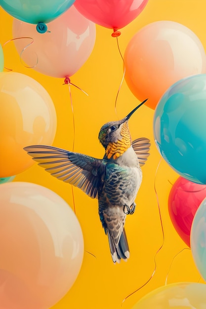 Kolibri bez wysiłku podnosi pastelowe balony na żywym żółtym tle w surrealistycznym stylu