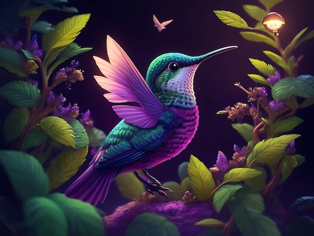 Zdjęcie kolibri kolorowy latający w gałęzi drzewa nad ilustracją maskotki z kwiatowym logo