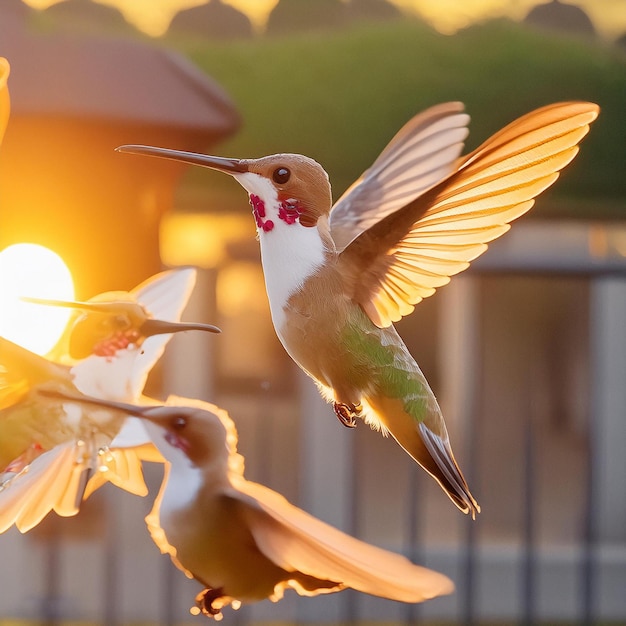 Zdjęcie kolibri lata z otwartymi skrzydłami, a inne ptaki latają.