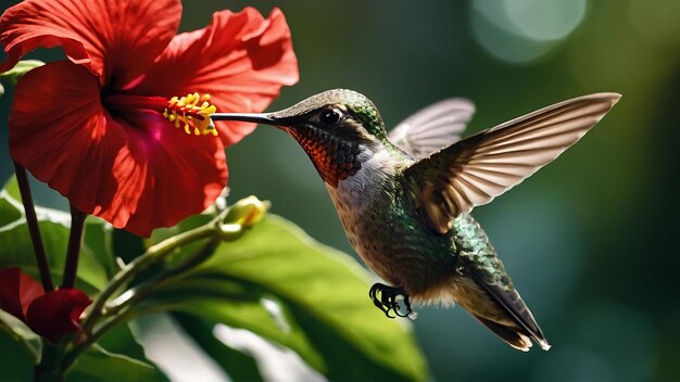 Kolibri latający obok czerwonego kwiatu hibiskusa