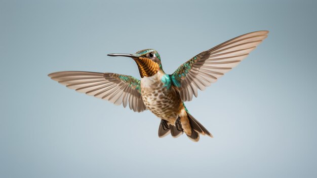 Zdjęcie kolibri latający w niebie z rozłożonymi skrzydłami