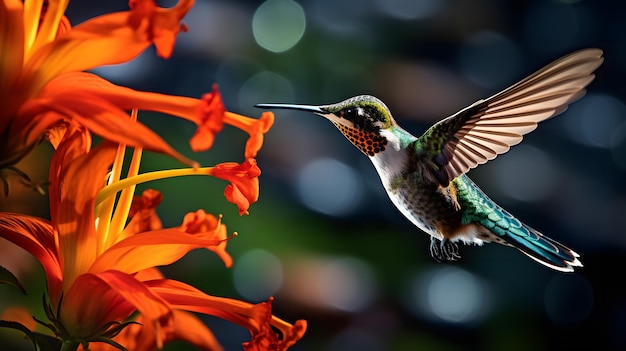 Kolibri stoi na kwiecie