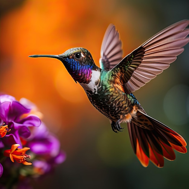 Kolibri wysysa nektar z kwiatów z ruchem na skrzydłach.