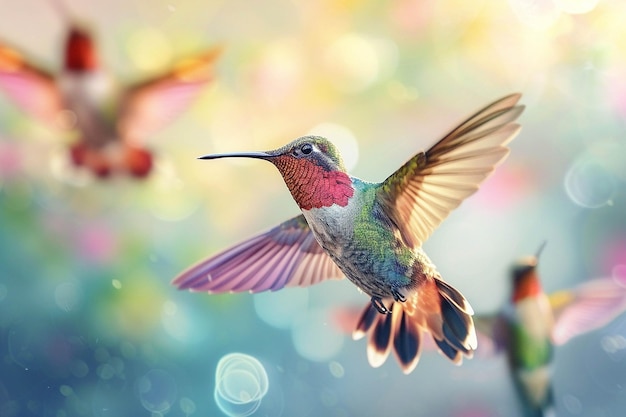 Zdjęcie kolibri z kolorową głową i skrzydłami lata w powietrzu