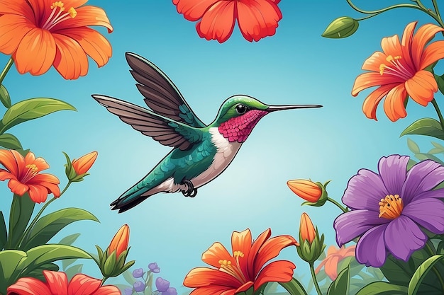 Kolibri z kreskówki latający przed kwiatami