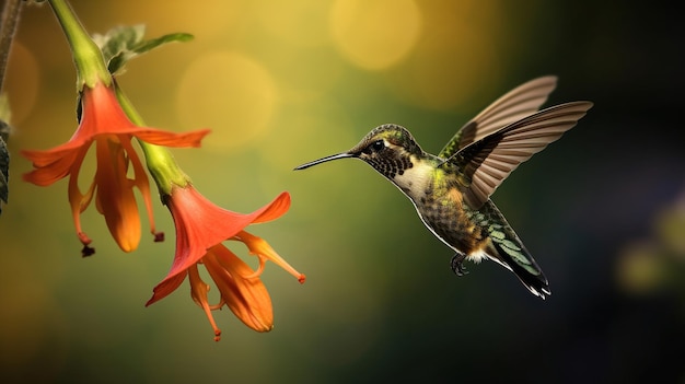 Zdjęcie kolibri żywiący się nektarem z kwiatów i kolibri z kwiatami