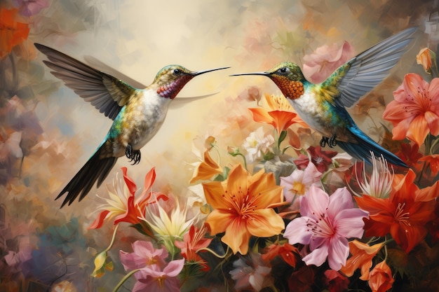 Kolibry latające nad kolorowymi kwiatami Grupa kolibri pijących nektar z kolorowych kwiatów wygenerowanych przez Ai