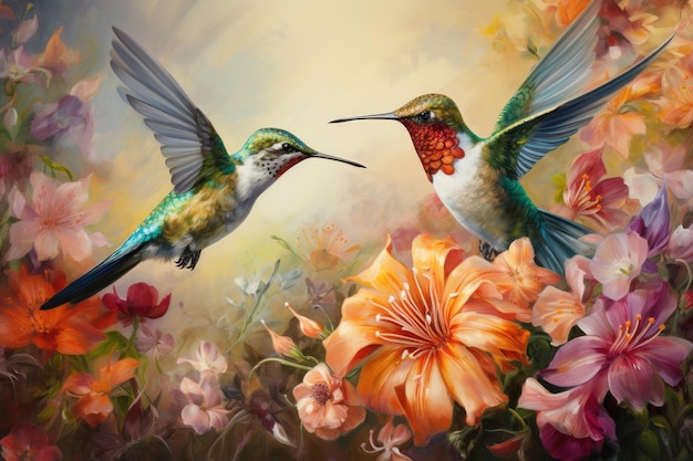 Kolibry latające nad kolorowymi kwiatami Grupa kolibri pijących nektar z kolorowych kwiatów wygenerowanych przez Ai
