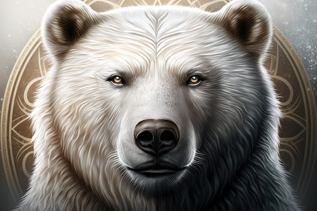 Koło ilustracji niedźwiedzia polarnego ze złotymi ozdobami na godle tła Generative AI