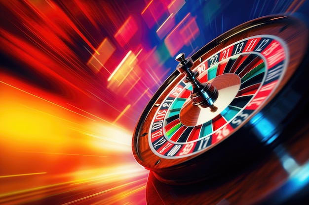 Koło ruletki w kasynie na kolorowym tle renderowania 3D Koło ruletki w kasynie w ruchu na kolorowym tle Wygenerowano sztuczną inteligencję