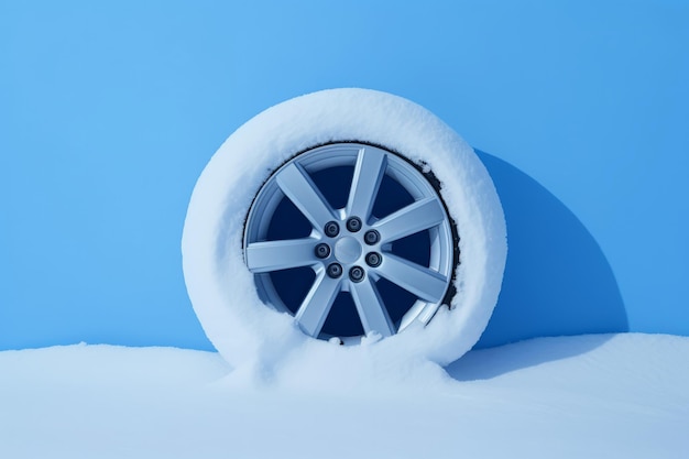 Koło samochodu pokryte śniegiem i lodem na tle niebieskiej zimowej jazdy i podróży