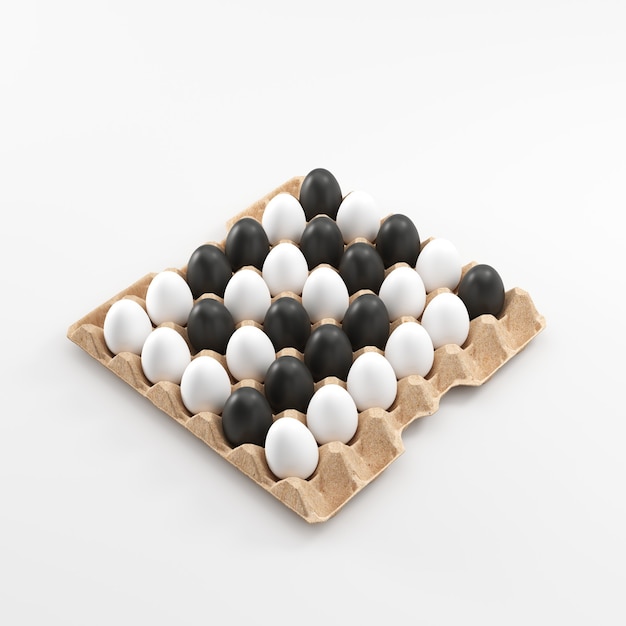 Kolor czarno-białych jaj na białym tle panelu jaj. Boże Narodzenie koncepcja pomysł minimalne Wielkanoc. Renderowanie 3D