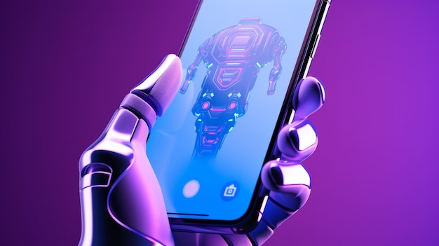Kolor niebieski i fioletowy Ręka robota trzymająca smartfon Piękny obraz ilustracji Generatywna sztuczna inteligencja
