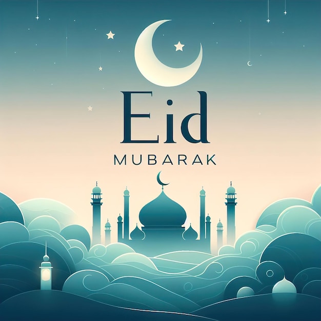 Kolor niebieskiego nieba meczetu Eid Mubarak minimalistyczny projekt
