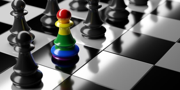 Kolor tęczy Piłka szachowa wśród czarnych pionków na szachownicy Włączenie różnorodności i wyróżnienie się