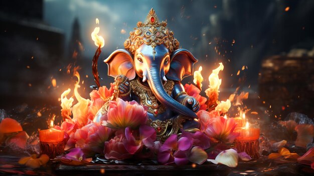 Kolor wody Diwali Ganesha Diwali lampa naftowa na tle kwiatów