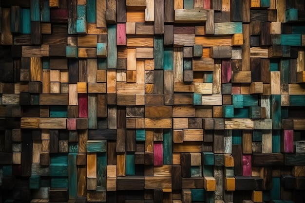 kolorowa abstrakcyjna ściana składająca się z drewnianych klocków
