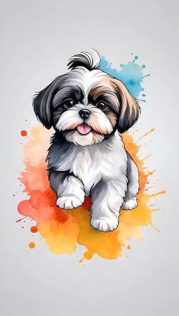 Kolorowa akwarela urocza ilustracja psa Shih Tzu na białym tle