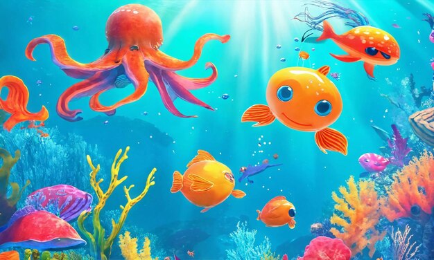 Kolorowa animowana scena podwodna z zabawnymi stworzeniami morskimi cieszącymi się razem zabawą