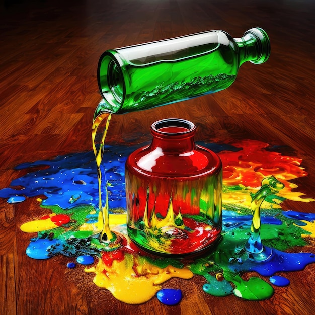 Kolorowa butelka wlewa płyn do szklanego słoika.
