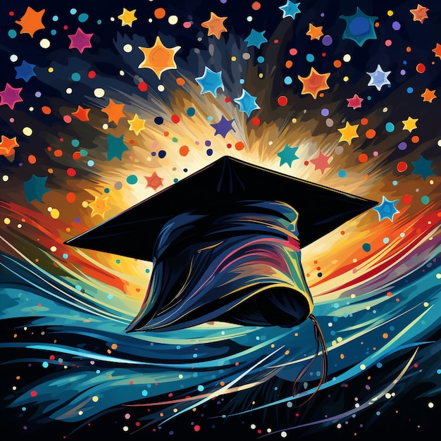 Kolorowa czapka dyplomowa na tle hipnotyzującego gwiaździstego nieba
