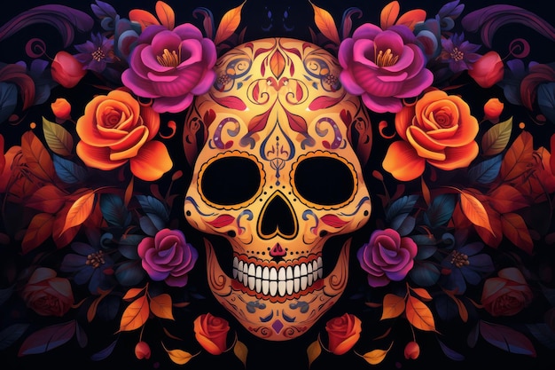 Kolorowa czaszka Koncepcja festiwalu Dnia Zmarłych wygenerowana przez Ai