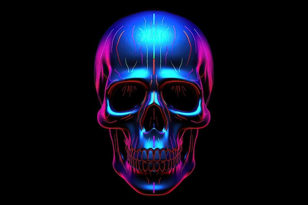 Zdjęcie kolorowa czaszka w stylu neonowym na czarnym tle